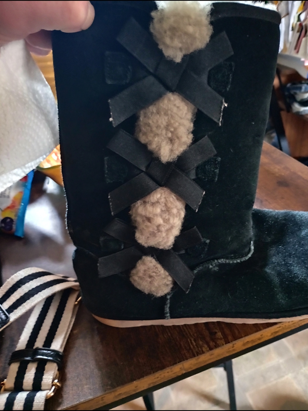 Koolaburra Black Suede Ankle Boots with Tan Shearling Pom Poms